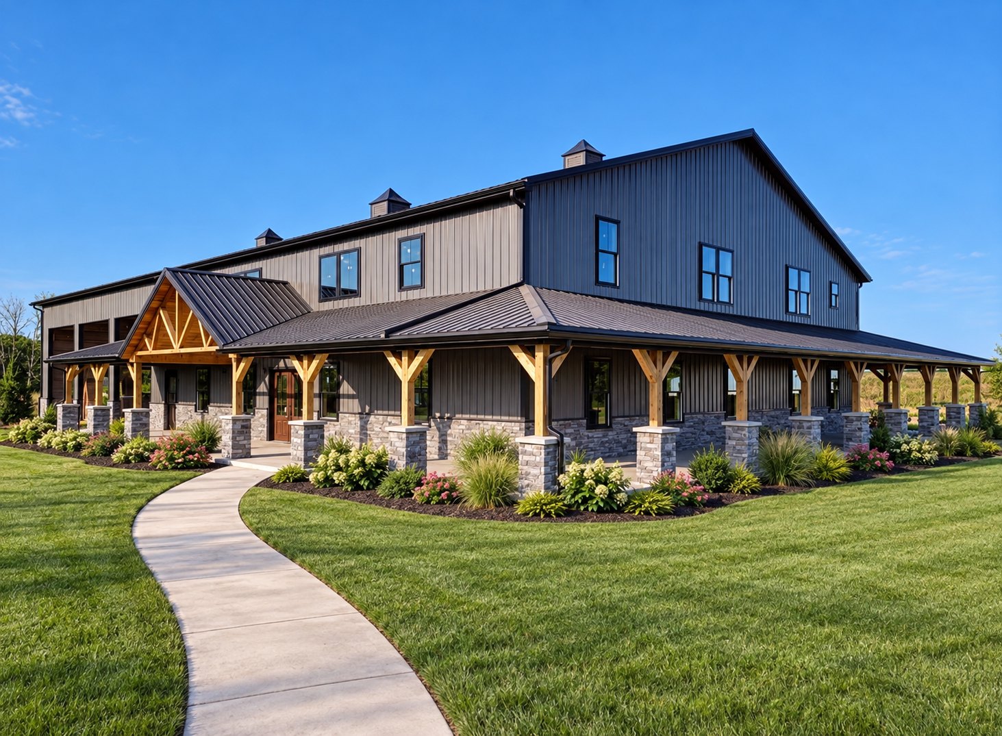 Finished farmhouse with dark metal siding, a timber-framed porch and a manicured lawn